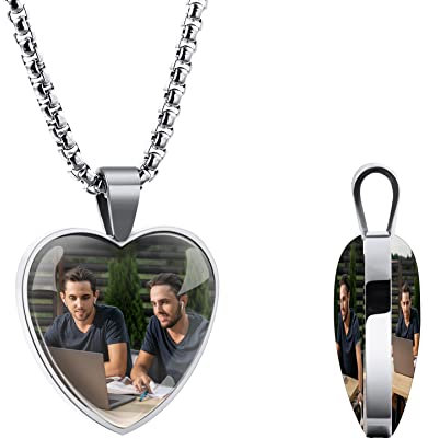 MeMeDIY Personalisierte Foto-Anhänger-Halskette Benutzerdefiniertes Bild-Text-Erinnerungs-Halskette Personalisiertes Geschenk für Frauen Männer (Silber & Zwei Fotos)