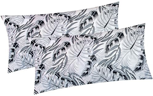 Baumwoll Renforcé Kissenbezug - 2er Set in 40x80cm - Blätter Grau, Schwarz - Kopfkissen-Bezug, Kissenhülle, Dekokissenbezug aus 100% Baumwolle (KY-650/1-40x80)