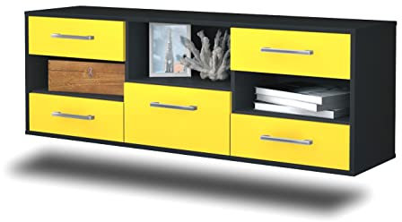 Lqliving TV-Board Lowboard Santa Ana, Wandmontiert, Korpus in anthrazit matt, Front im trendigem Gelb (136x47x35cm), mit Metall Griffen, Made in Germany