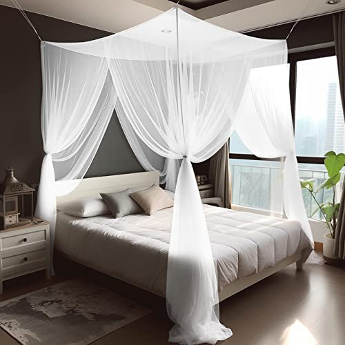 Aoreun Moskitonetz, Moskitonetz Doppelbett mit 4 Eckpfosten, Großes Mückennetz für Bett, Einzelbett und Doppelbett Fliegennetz Tragbares Mückennetz für Erwachsene, Kinderzimmer - 190x210x240cm (Weiß)