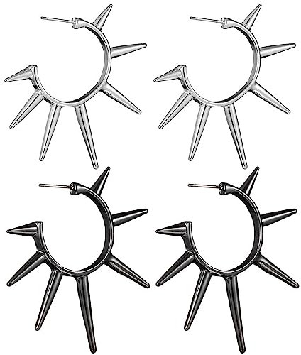 Weenkeey 2 Paar Gothic Nieten Ohrringes Punk Spike Ohrringe Retro Konische Ohrringe für Frauen Herren - Silber Schwarz