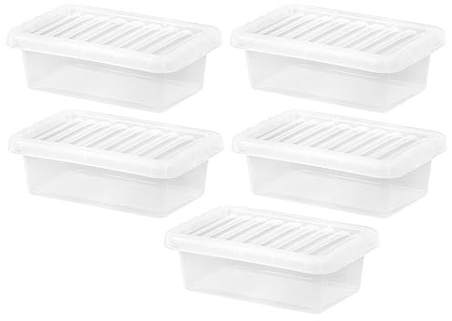 Clear Crystal 4L Plastic Storage Box Set of 5 - Lightweight, Robust, Stackable, Nestable with Clear Lid