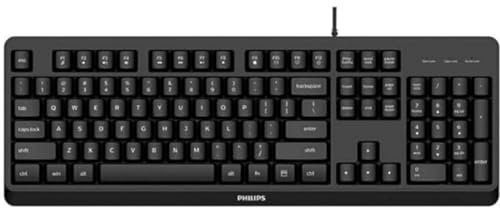 PHILIPS SPK6207BL Wired Keyboard, Plug and play USB, Water Resistant, Multimedia shortcut keys, home office, PC/laptop