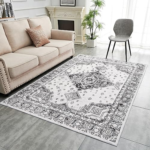LAIBEI Teppich Wohnzimmer,Carpet waschbar rutschfest,Bunte Teppiche mit Muster für Wohnzimmer,Schlafzimmer,Bohemian Short Pile Rug,Vintage orientalischer Teppich(200 x 300 cm,grau)