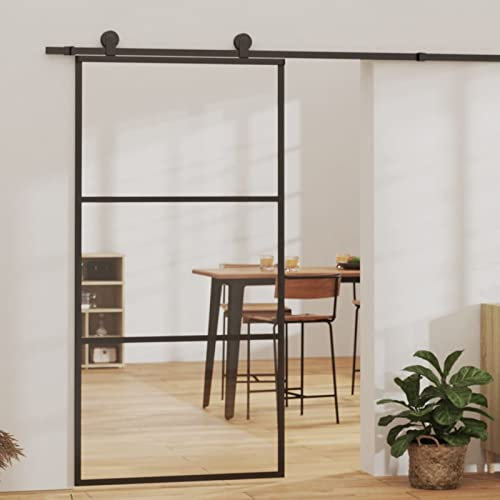 Homgoday Puerta corredera de cristal ESG y aluminio 102 x 205 cm negra, puerta corredera interior, puertas correderas interiores y exteriores, 2 barras horizontales