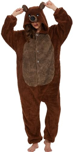 chuangminghangqi Lustiger Tier Einteiler mit Knopfleiste Kuscheloverall Damen Flauschig Ganzkörper Plüschkostüm Ganzkörperanzug Fasching Partyoutfit Pyjama Herren Winter Erwachsene(Braunbär,S)
