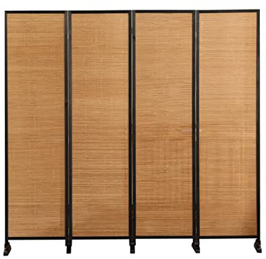 Sichtschutzwand-Raumteiler mit Holzrahmen und Bambusschirm, freistehender Trennwand für Studio, Apartment, Büro, Schreibtisch, Tür (4 Paneele hoch 150 cm/59 Zoll)