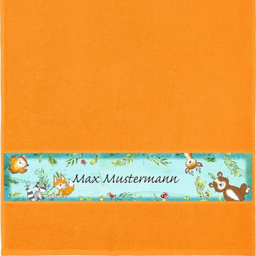 Handtuch mit Namen - personalisiert - Motiv Kinder – Wald - viele Farben & Motive - Dusch-Handtuch - orange - Größe 50x100 cm - persönliches Geschenk mit Wunsch-Name
