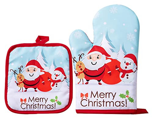 Gants chauffants de cuisson de Noël Four de Noël Gants pour micro-ondes Ensemble de tapis Manique en coton Lavable en machine Mitaines pour four à micro-ondes Coussinets à Petite Table (A, One Size)