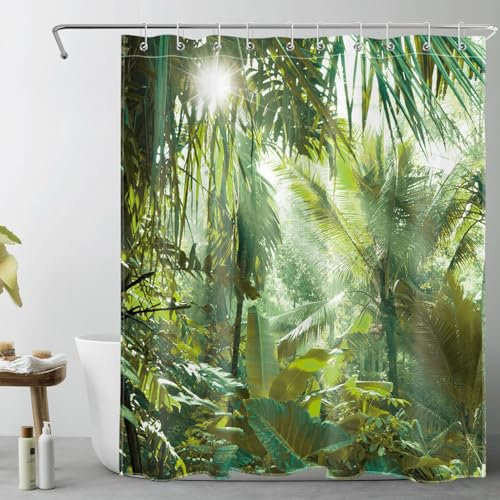 LB Grüner Wald Duschvorhang 150x180cm(BxH) Tropische Palme im Dschungel Antischimmel Wasserdicht Badezimmer Vorhänge, Naturlandschaft Kurz Polyester Stoff Bad Vorhang mit Haken