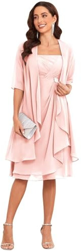 Lot de 2 robes de mère de la mariée en mousseline de soie à manches courtes avec veste, rose, 44