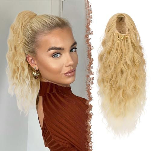 FESHFEN Pferdeschwanz Haarteil mit Kordelzug, Lange Wellen Zopf Verlängerung Haare Extensions Synthetik Wellig Haarverlängerung Clip in Ponytail für Damen, 45 cm Hellblond