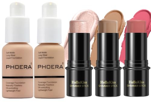 PHOERA Foundation, 3Pack Contour Stick Makeup Set, Farbtöne mit Highlighter-Stick, Rouge-Stick und Bronzer Contour (103+104+Light-Medium Contour/Warm peach+Buff Beige+#02,#10,#12, 130.00 g (1er Pack))