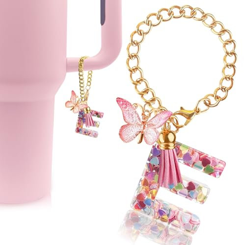 Velaco Letter Charm Accessories for Stanley Cup with Handle, Cute Initial Letter E Keychain Handle Charm with Butterfly for Stanley Tumbler for Women Girls