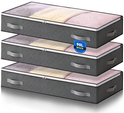 Boic 3 Piezas Cajas Almacenaje Ropa 90L, Almacenaje Bajo Cama, Organizador De Canape Plegable Bolsas Para Guardar Ropa Con Mango Reforzado, Caja Organizador Armario Para Edredón, Manta Zapatero