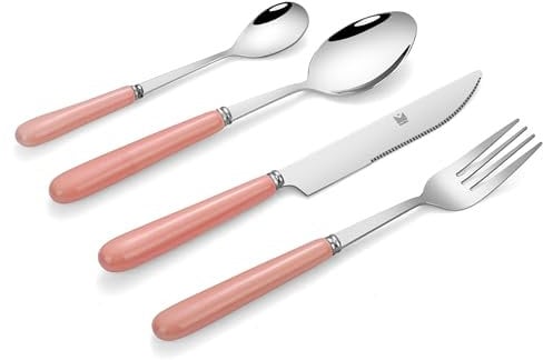 SensiSel 16 pcs Pink Ceramic Handles Silver Cutlery Set 4X Knives 4X Forks 4X Table Spoons 4X Tea Spoons Tableware Shinny Mirrror Polished Smooth Edges Flatware - Dishwasher Safe - Gift/Daily Use