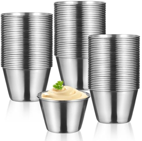 100Pcs Stainless Steel Dipping Sauce Cups, 2.5oz Metal ramekins,Reusable Metal Sauce Cups Stainless Steel Condiment Cups Small Dipping Bowls Round Individual Portion Cups for Home, Restaurant (100)