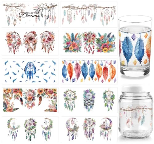 arricraft 10 Blatt Traumfänger UV DTF Cup Wrap Für 16OZ Glas Federn Blumen Zweige Monde Abziehbilder Traumhafte Transferaufkleber Für DIY Flaschen Wandfenster Boho Dekor Frauen