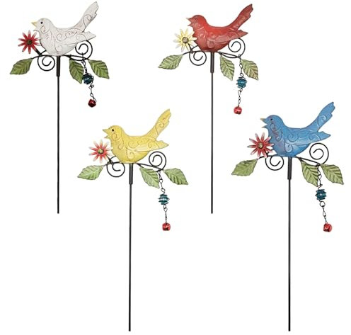 NNXHWY Bunte Vögel, Dekorative Gartenstecker aus Metall, 35,6 cm, Vogel-Gartenstecker, Dekor, 4 Stück, Dekorative Vogelstecker, Bunte Vögel, Ornamente für Drinnen und Draußen, Rasen, (4