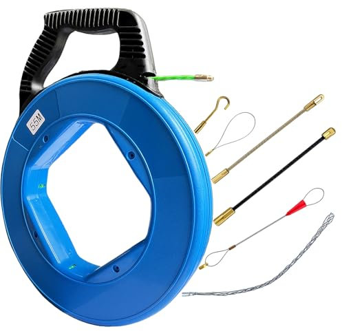 Kabeleinziehhilfe 55m – Einziehspirale mit Einziehfeder, mit 6 Adaptern für Leerrohre, Kabeleinzugshilfe für Elektroinstallationen, Ø 4,5 mm, aus Polyester