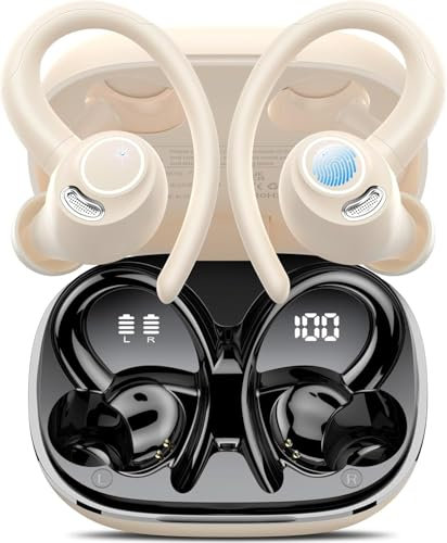 Bluetooth Kopfhörer Sport, in Ear Kopfhörer Kabellos Bluetooth 5.3 mit HD Mic, Herausragender Sound, 40 Std Spielzeit, Comfort Fit, Dual LED-Anzeige, IP7 Wasserdicht Ohrhörer mit Ohrhaken, Hellgelb