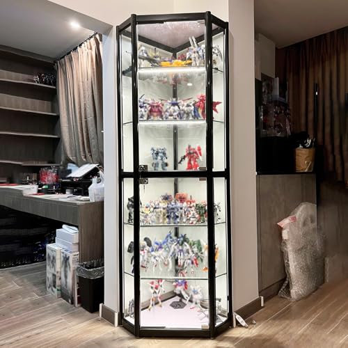 YFWOKSL Display Cabinet,6 Tier Figure Cover Glass Display Cabinet, 180cm Tall Clear Curio Display Case, Lockable Lighted Storage Cabinet for Collectibles, Tempered Glass(Black,180x40x40cm/70.8x15x15