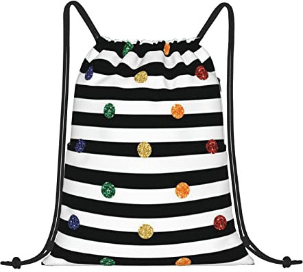 FLYIFE Rucksack mit Glitzer-Regenbogen-Punkten, Schwarz und Weiß, bedruckt, Kordelzug, für Herren und Damen, wasserabweisend, Sport, Turnbeutel, Kordelzugbeutel für Schule, Strand, Reisen, Einkaufen,