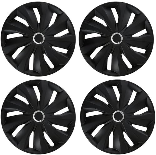 Premium Radkappen 16 Zoll in Schwarz-Matt mit Chromring 4er-Satz hochwertige Radzierblenden für PKW-Stahlfelgen Radblenden-Einfarbig Radabdeckungen Raddeckel Zierblenden Zierkappen Zierdeckel 4 Stück