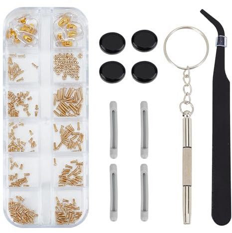 NICENEEDED Gold Eye Glass Repairing Kit, Sunglass Repairing Screwdriver Set with Compact Screw Box Include Nose Pads Screwdriver Set Screws Tweezer Eyeglass Ear Grips for Eyeglass Sunglass Watch