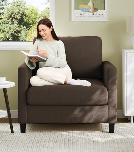 Welzona Sessel Wohnzimmer, 84 cm Lesesessel Bequem, Werkzeuglose Einrichtung Lounge Sessels, Ganz-Holz Schlafzimmer Reading Chair, Teddy Mini Couch, Sofa Klein Für jugendzimmer, Braun