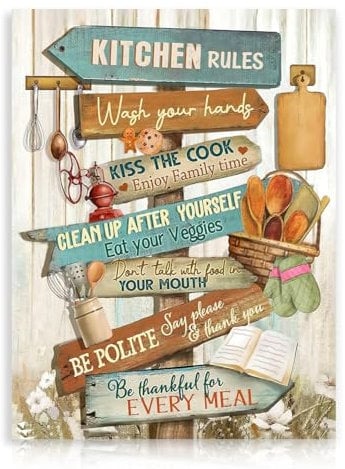 Dazzlewall Arte de Pared con Reglas de Cocina, Póster Divertido con Señales para Cocina, Decoración para Cocina y Comedor, 12x16 pulgadas Sin Marco