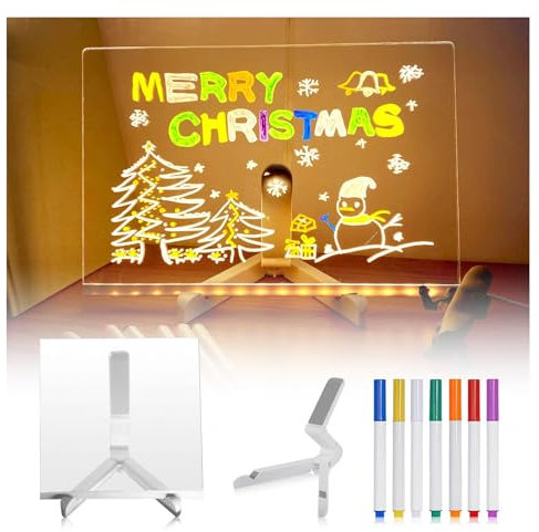 Hazomeu Tablette Dessin Lumineuse avec 7 Stylos Néons et Support Réglable Tableau Lumineux Message LED Essuyable Tableau Lumineux LED,30x20cm