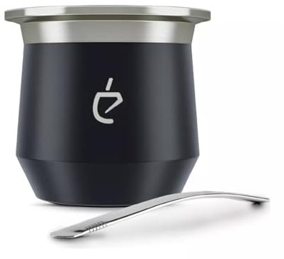 BALTHŌ - Mate argentino de acero inoxidable (taza yerba mate.) Térmico con doble capa de acero,resistente y aislante (vacuum insulated), con bombilla (17cm). Liviano y resistente. (230ml). (Negro)