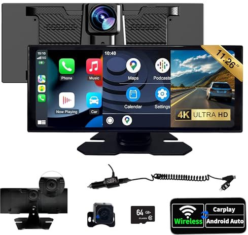 SCUMAXCON CarPlay sans Fil Écran Tactile 11.26 Cadre Noir avec, Android Auto AirPlay Caméra 4K Bluetooth GPS FM Haut-Parleur Intégré – Console Centrale Lecteur Multimédia Voiture