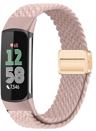 MokaZii Nylon Armband für Fitbit Charge 6 / Charge 5, Geflochtenes Magnetisch Ersatzarmband, Stoff Elastisch Sport Herren Damen Uhrenarmband für Fitbit Charge 6 / Charge 5 - Rosa