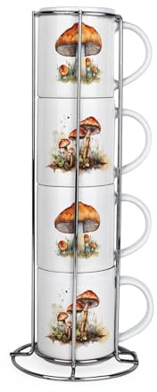 Purely Home Wild Mushrooms Stacking Mugs Set - Forestry & Nature Themed Presents - Set of 4 Small Ceramic Mugs Gift Set with Metal Stand