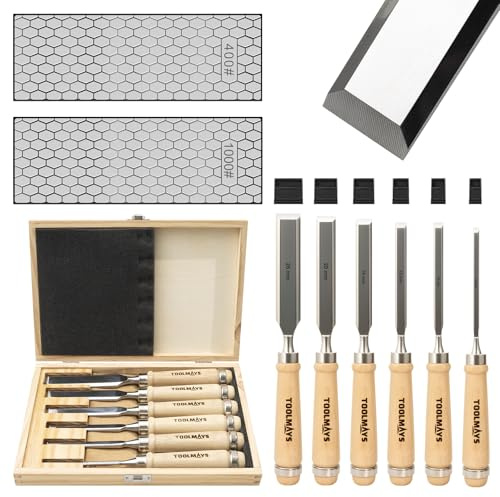 TOOLMAYS Juego de 6 Cinceles para Madera | Formones para Madera con piedra de afilar, dureza hasta HRC 63