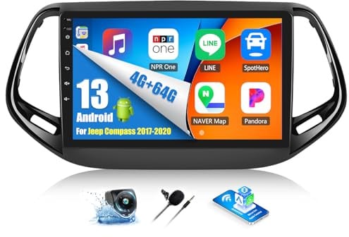OiLiehu 4+64G Android 13 Autoradio per Jeep Compass 2017-2020 Carplay Android Auto Autoradio con Schermo 10,1 pollici con Mirror Link Bluetooth FM RDS GPS WiFi SWC EQ Telecamera Posteriore