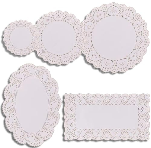 250 Pcs Paper Doilies, Multi-size Doilies Lace Paper, White Lace Round Rectangle Oval for Tables Plates Cakes Desserts Crafts(5.5″, 7.5″, 9.5″, 6.5 * 9″, 7.5 * 11.8″)