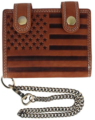 CTM Men's Leather American Flag Bifold Chain Wallet with Snap Closure, Tan
