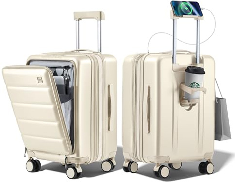 Equipaje de mano expandible de 22 x 14 x 9 pulgadas, aprobado por aerolíneas, bolsillo frontal, maleta de viaje rígida, irrompible, con portavasos, carga USB, bolsillo lateral, ruedas giratorias de