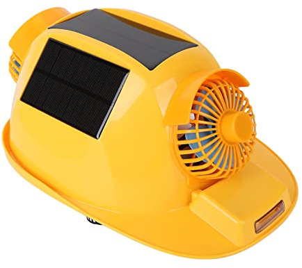Odorkle Harter Schutzhelm mit Solarpanel und Zwei Lüftern, Verstellbares Innenfutter mit 3D-Scheinwerfer für Bauarbeiter Im Bergbau, Fiberglas-ABS-Gelb