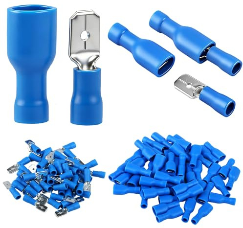 100Pcs 14-16AWG Insulated Crimp Male Female Spade Connectors Kit | Fully Insulated Electrical Crimping Connectors Spade Terminal Connector for Cable 1.5-2.5mm² (Blue)