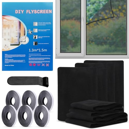 6 Pcs Fly Screens for Window: Window Netting for Insects 130x150cm | Window Net - with 6 Rolls Self-Adhesive with Velcro and Other Accessories - Protect Your Family from Insects (Black)
