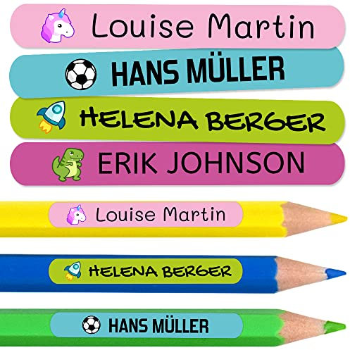 50 personalisierte Namensaufkleber zum Markieren von Bleistiften und Kugelschreibern. Bunte wasserfeste Vinyl-Klebeetiketten für Kinder und Jugendliche in Schule und Kindergarten. Größe 4,6 x 0,6 cm.