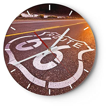 Modern Wanduhr Usa wegweg 66 Freiheit Reise 40x40cm Rund Groß Wand Uhr Glas Analog Zimmeruhren Küche Büro Wohnzimmer Glasuhr Wall Clock Dekoration Design Wanddekoration Küchenuhr C3AR40x40-0443