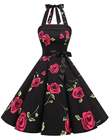 Timormode Sexy Robe Rétro Vintage Femme Année 40 50 60 Robe de Cocktail Rockabilly Décolleté 10212Black Red Flower XS