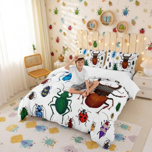 Arten Käfer Bettwäsche-Set Farben Insekten Bettwäsche Set 200x200cm Roter Marienkäfer Betten Set für Kinder Jungen Mädchen Teenager 3St.Reißverschluss Mikrofaser