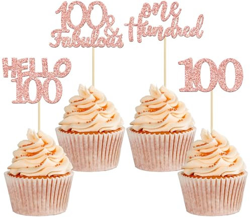 Gyufise 24Pcs Rose Gold Glitter 100th Birthday Cupcake Toppers Hello 100 One Hundred Cake Toppers 100 & fabulous Cupcake Picks for 100th Birthday Cake Decorations Supplies