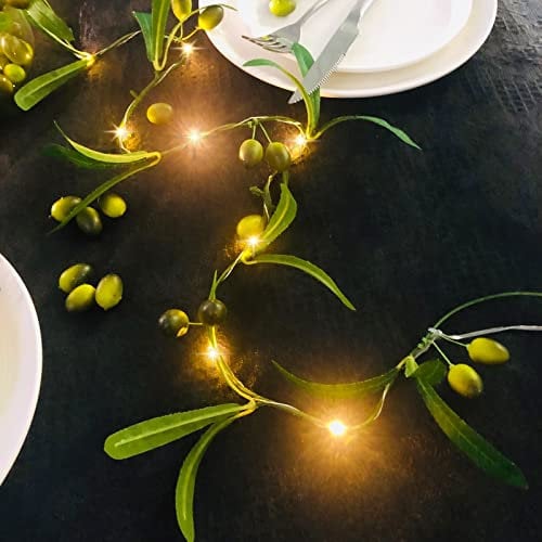 Artificial Olive Garland Fake Fruit Olive Berries with LED String Light Green Willow Leaves Hanging Plants Vine Fairy Light for Wall Wedding Arch Party Table Decor(2 Pack, Green Olive String Light)
